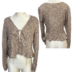 AFRM x Nordstrom Two-Tone Animal Print Long Sleeve Crop Front Tie Blouse